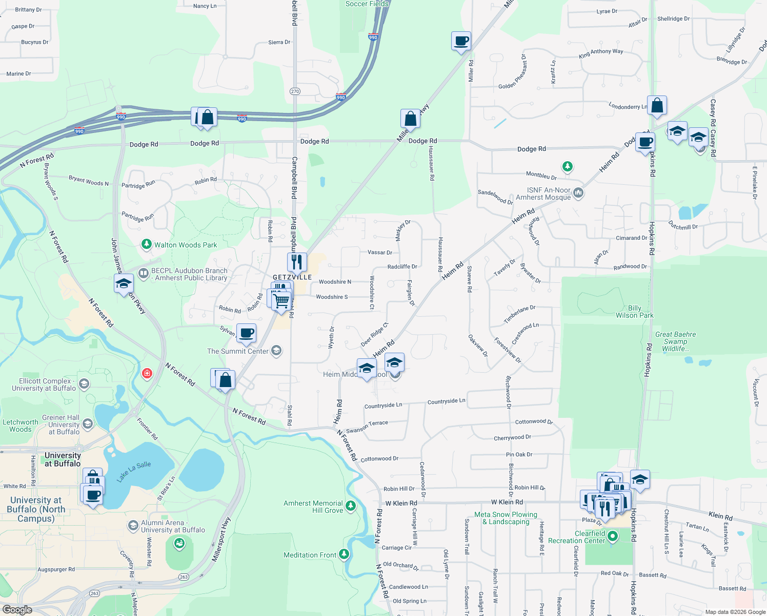 map of restaurants, bars, coffee shops, grocery stores, and more near 76 Deer Ridge in Getzville