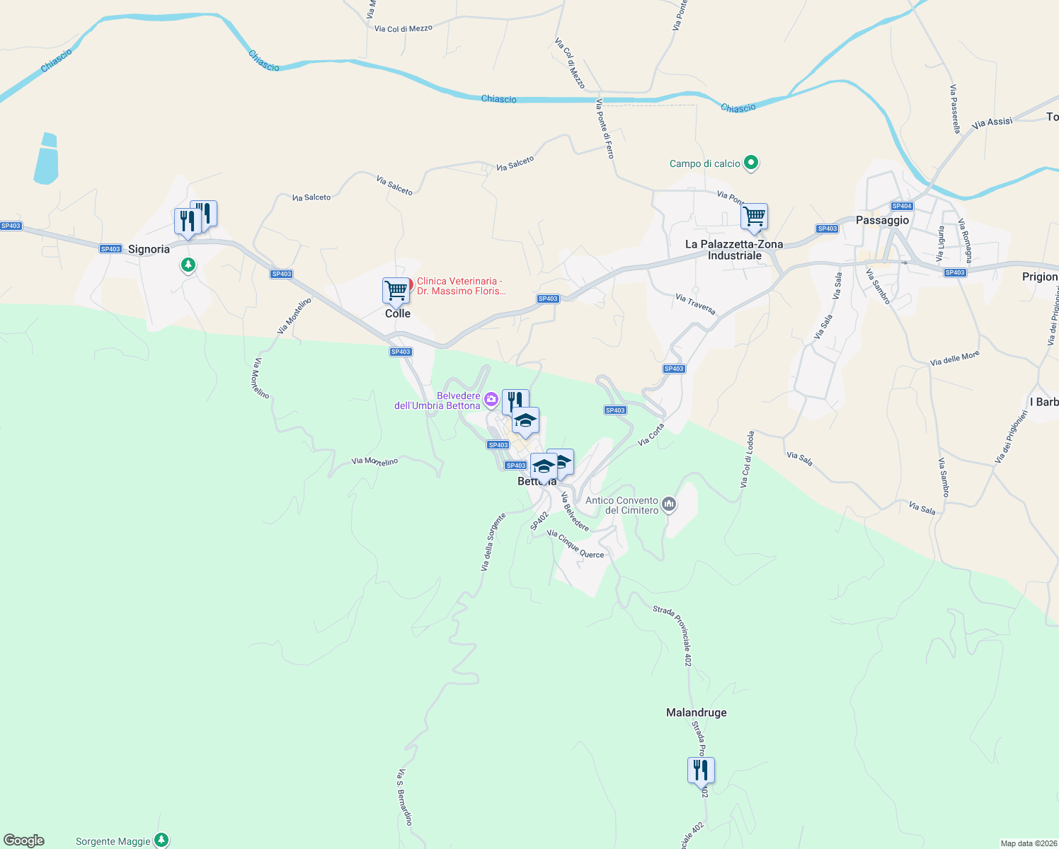 map of restaurants, bars, coffee shops, grocery stores, and more near Via Circonvallazione San Crispolto in Provincia di Perugia