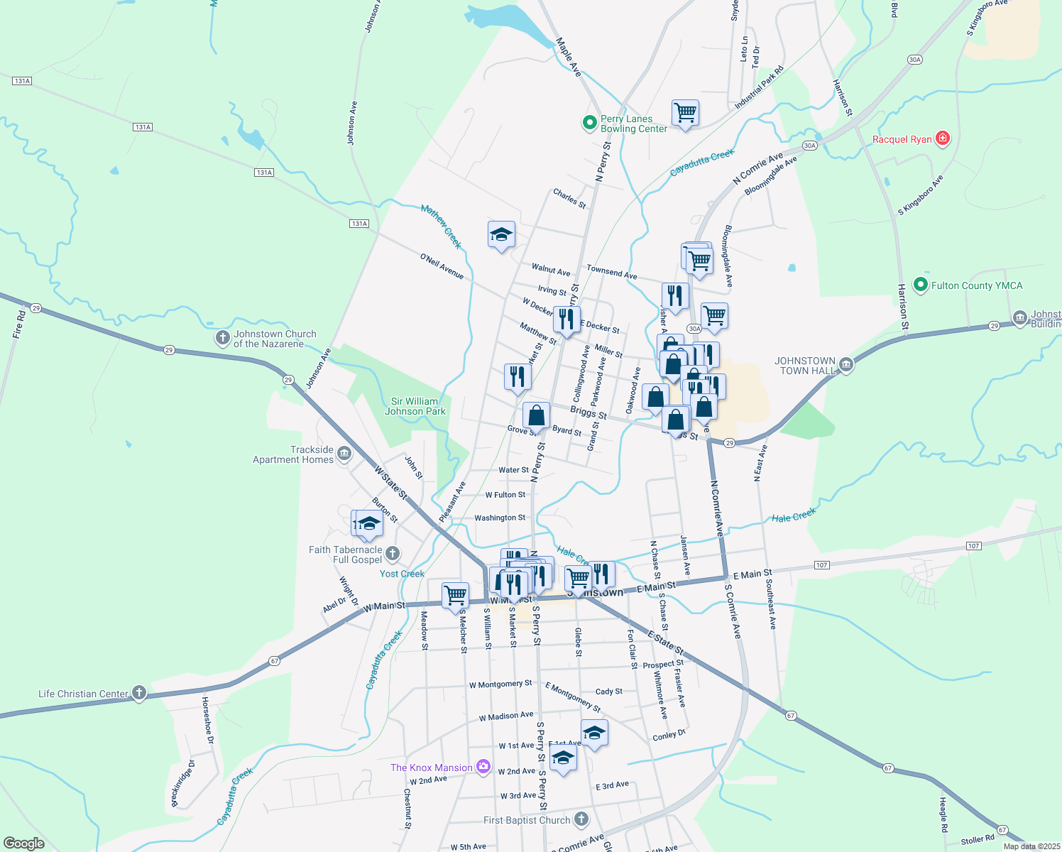 map of restaurants, bars, coffee shops, grocery stores, and more near 231 N Perry St in Johnstown