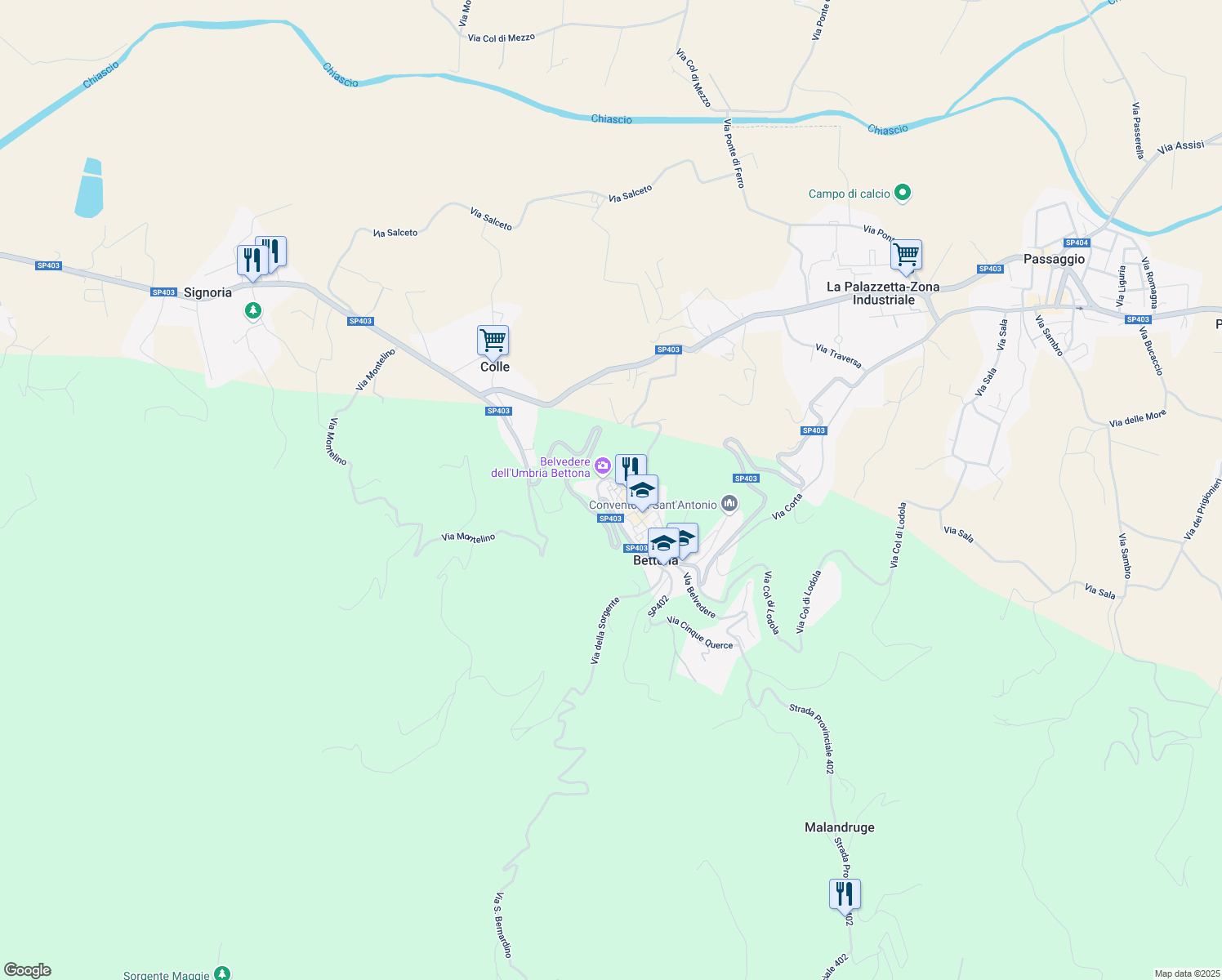 map of restaurants, bars, coffee shops, grocery stores, and more near 2 Via Monte Lauro in Bettona