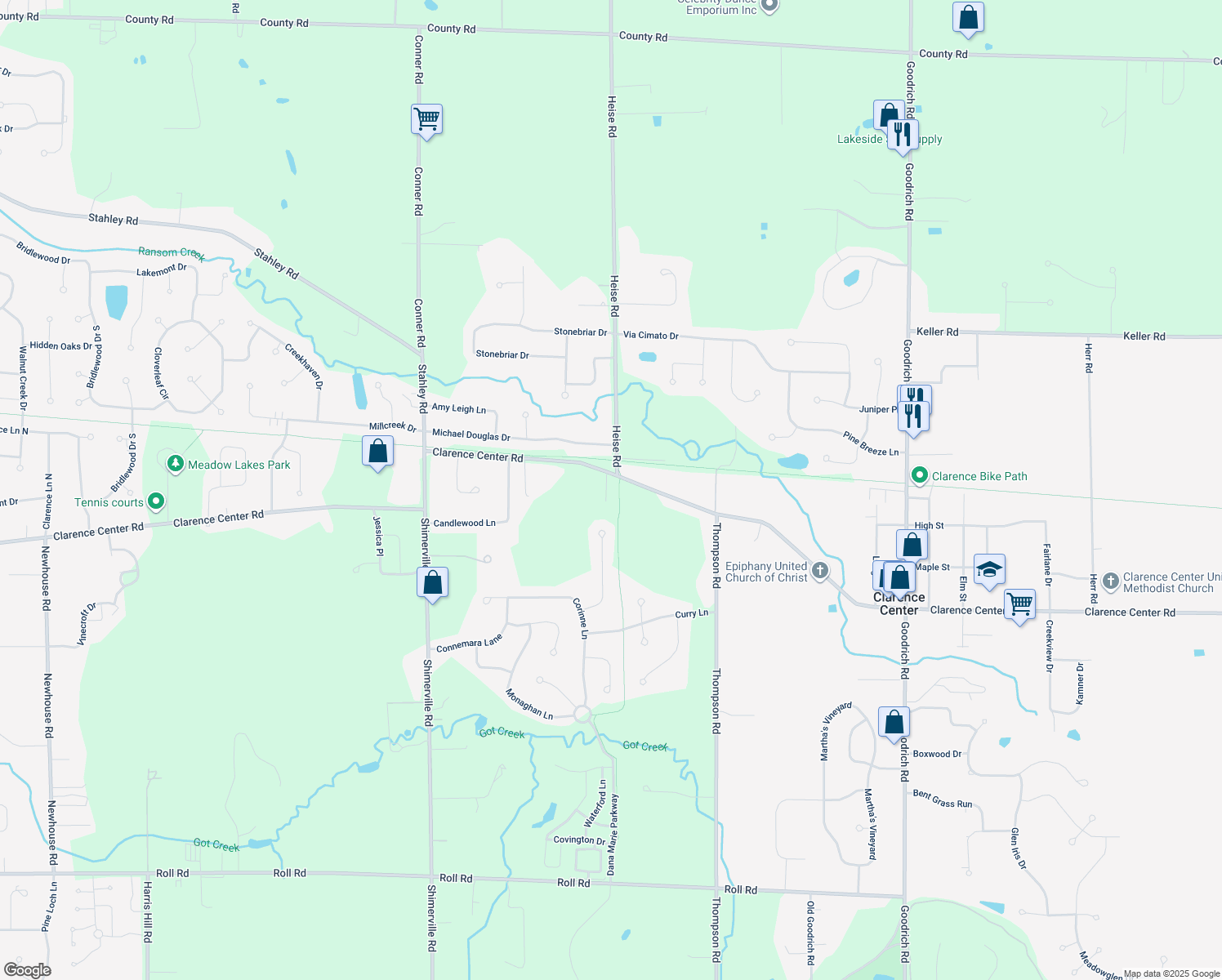 map of restaurants, bars, coffee shops, grocery stores, and more near 9105 Clarence Center Road in Clarence Center