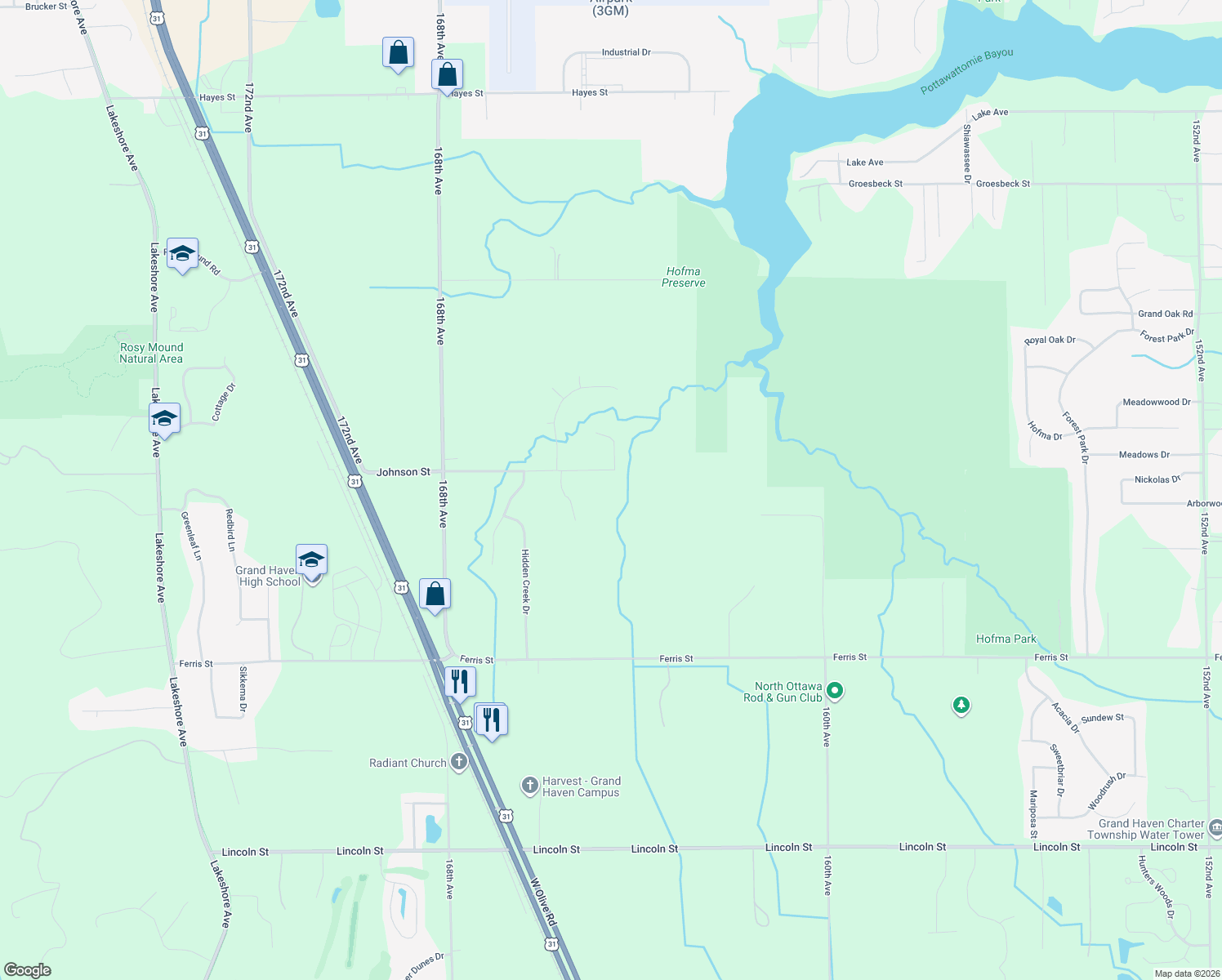 map of restaurants, bars, coffee shops, grocery stores, and more near 16436 Johnson Street in Grand Haven