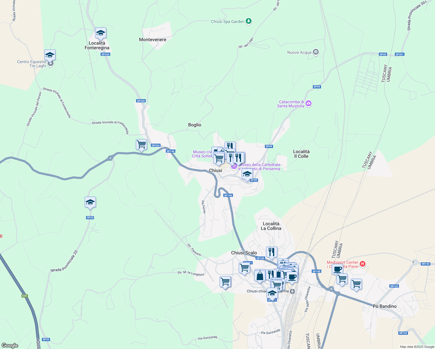 map of restaurants, bars, coffee shops, grocery stores, and more near 24 Via Porsenna in Chiusi