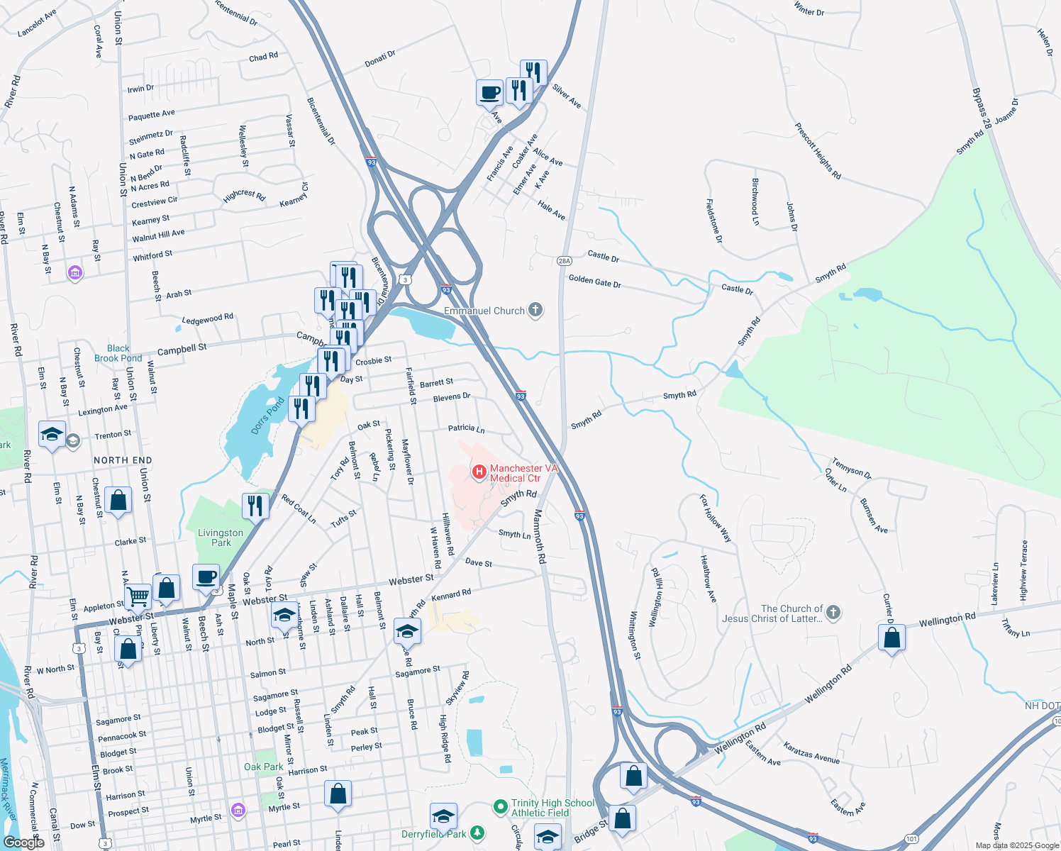map of restaurants, bars, coffee shops, grocery stores, and more near Interstate 93 in Manchester