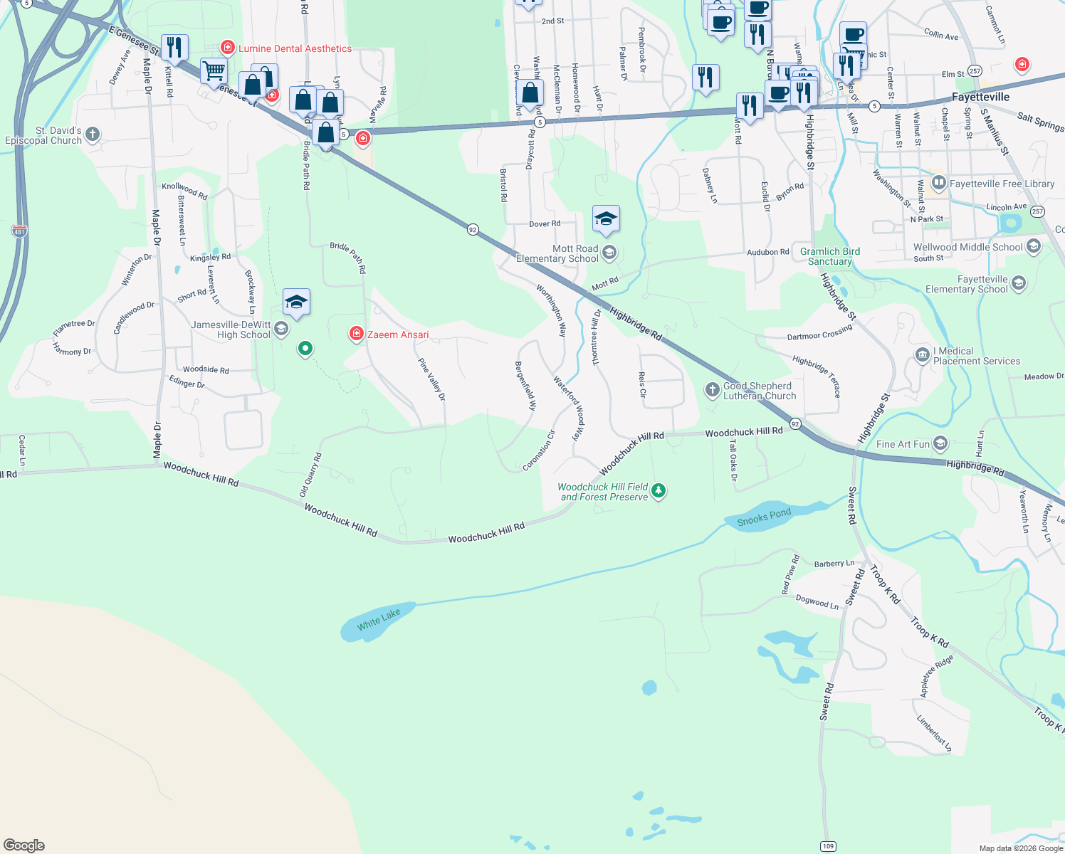 map of restaurants, bars, coffee shops, grocery stores, and more near 5053 Bergenfield Way in Fayetteville