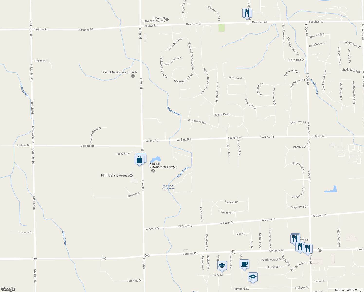 map of restaurants, bars, coffee shops, grocery stores, and more near 6325 Calkins Road in Flint