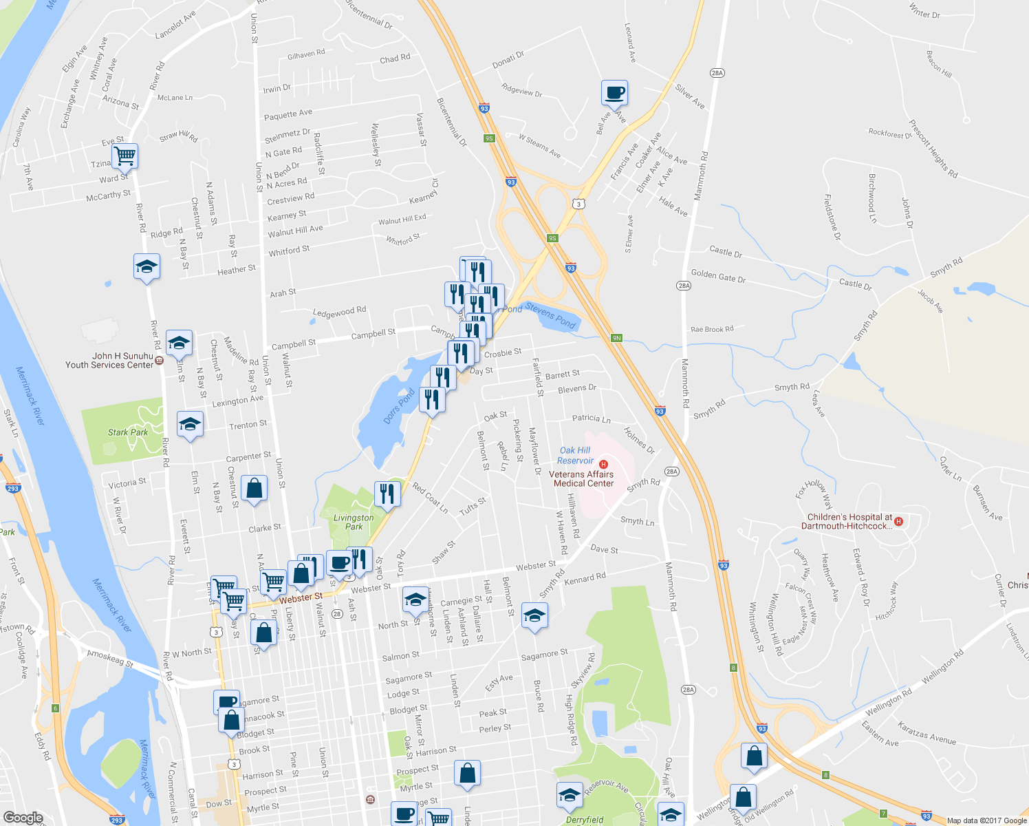 map of restaurants, bars, coffee shops, grocery stores, and more near 527 Pickering Street in Manchester
