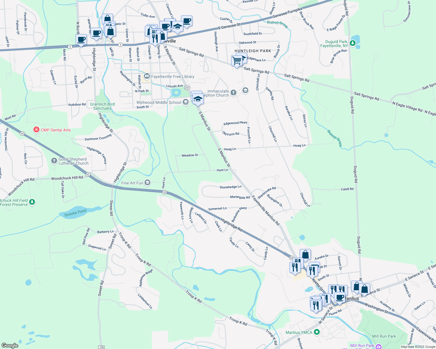 map of restaurants, bars, coffee shops, grocery stores, and more near 7670 Hunt Lane in Fayetteville