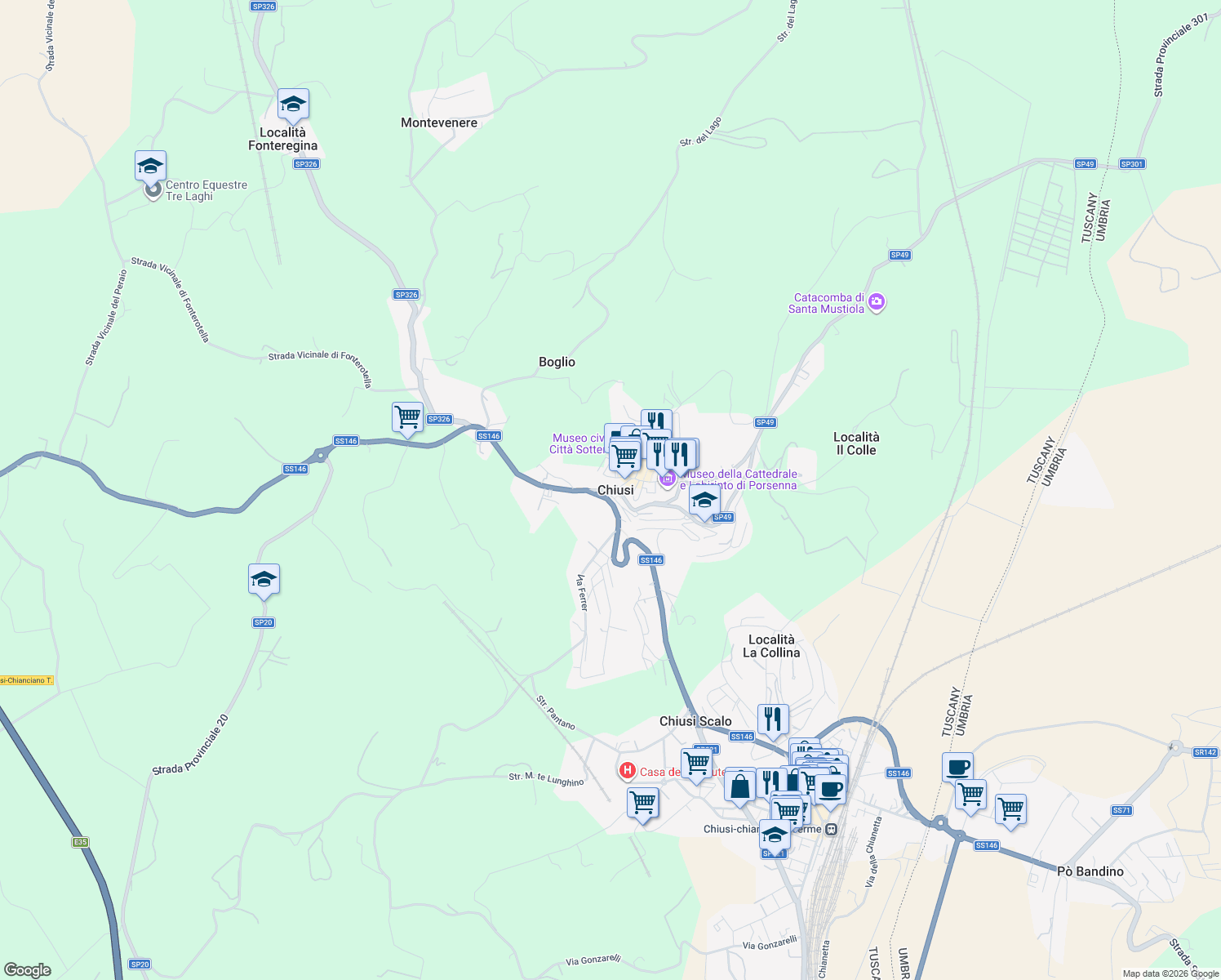 map of restaurants, bars, coffee shops, grocery stores, and more near 20 Via Guglielmo Marconi in Chiusi