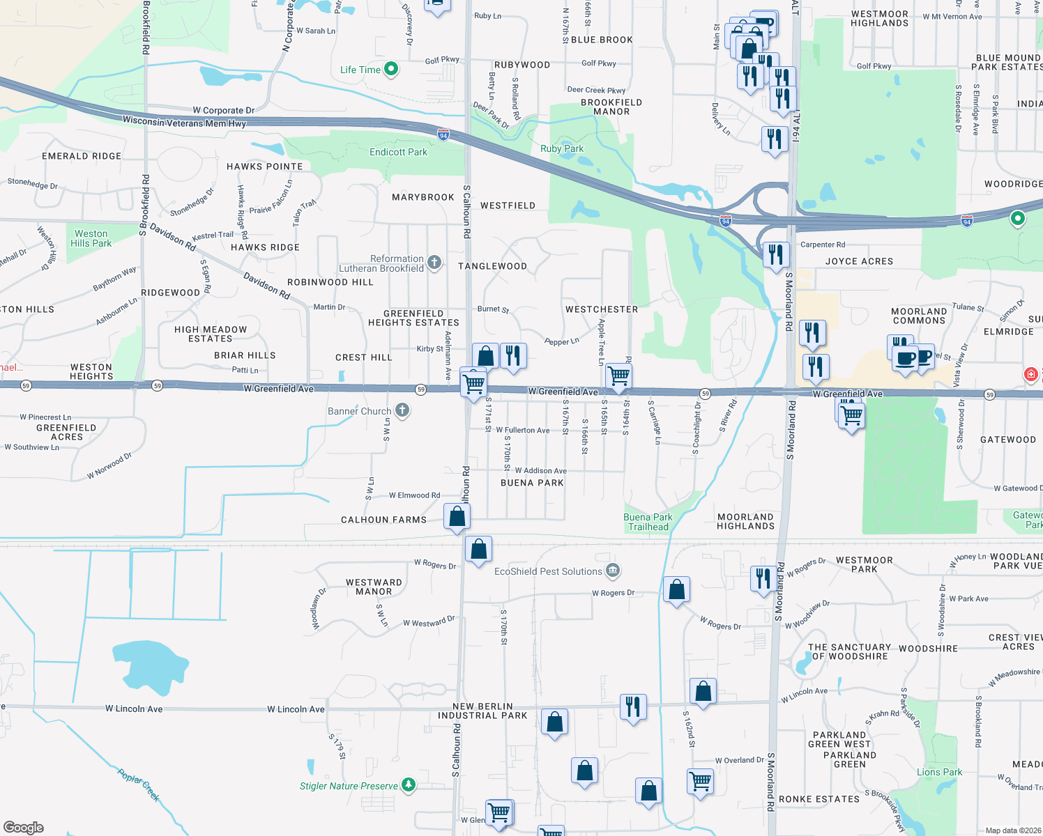 map of restaurants, bars, coffee shops, grocery stores, and more near 1433 South 169th Street in New Berlin