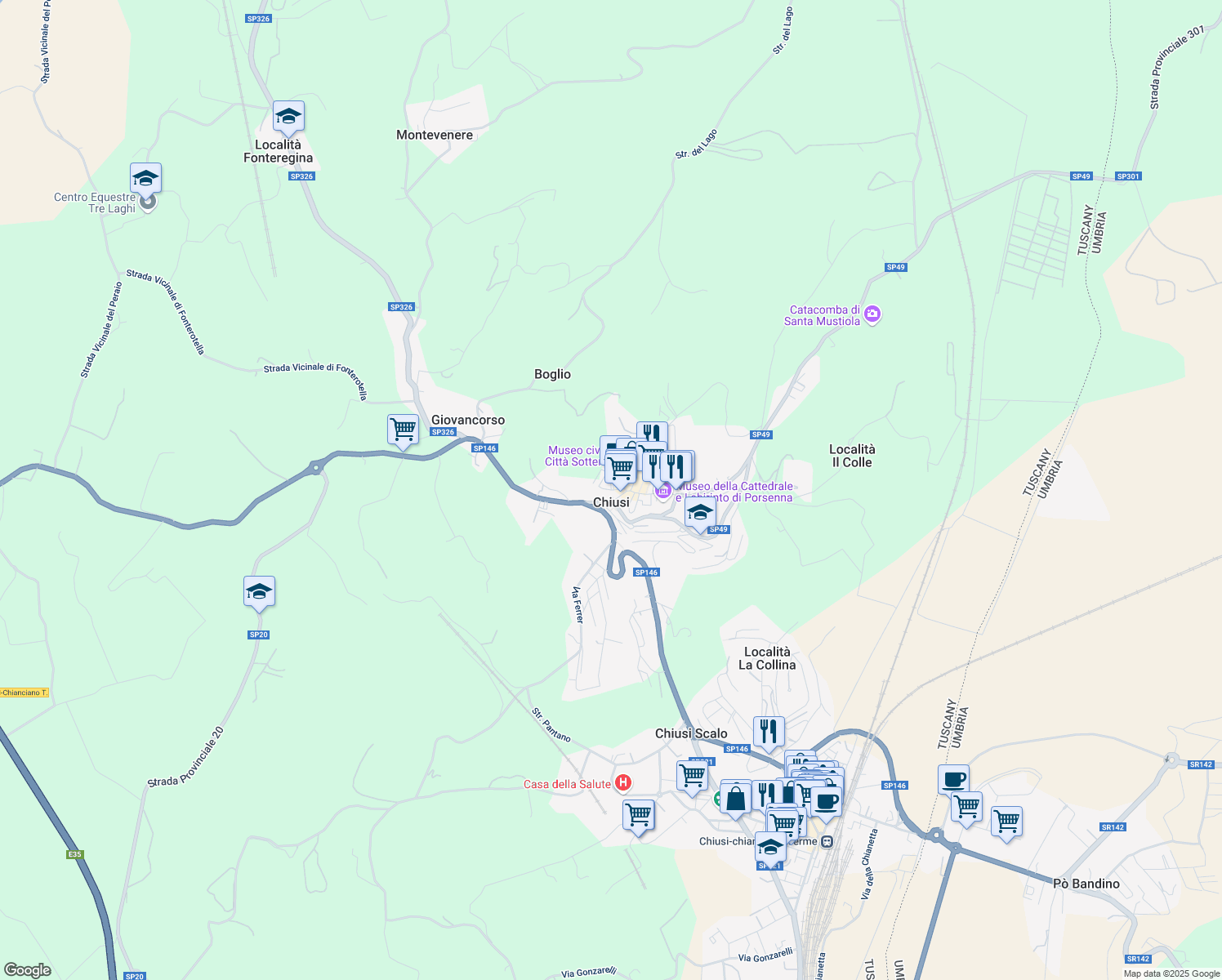 map of restaurants, bars, coffee shops, grocery stores, and more near 24 Via Porsenna in Chiusi