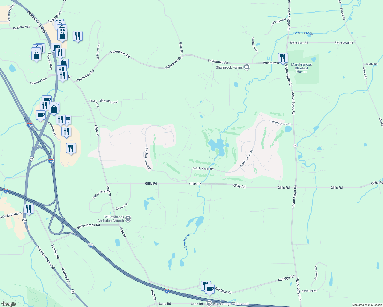 map of restaurants, bars, coffee shops, grocery stores, and more near 32 Cheshire Ridge in Victor
