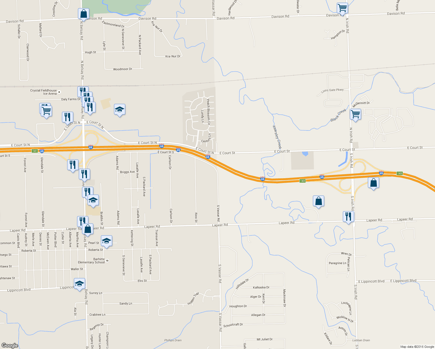 map of restaurants, bars, coffee shops, grocery stores, and more near 8201 E Court Street South in Burton
