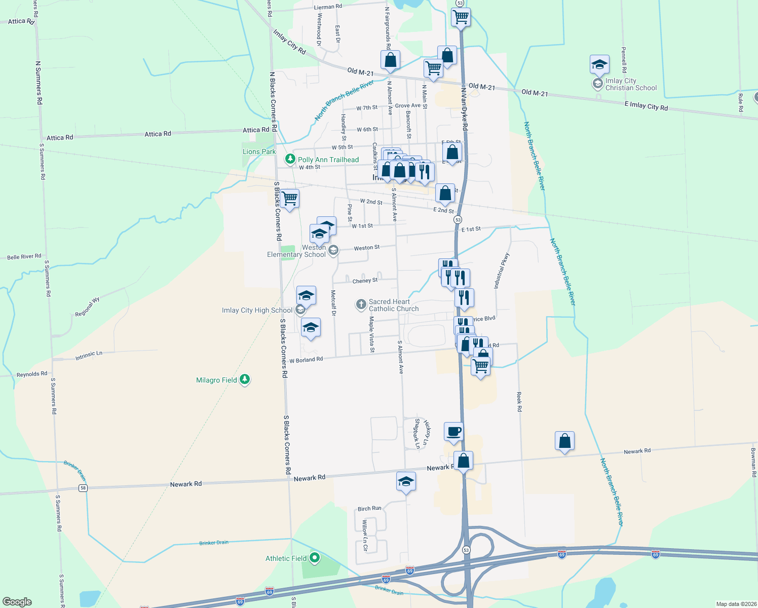 map of restaurants, bars, coffee shops, grocery stores, and more near 170 Titus Street in Imlay City