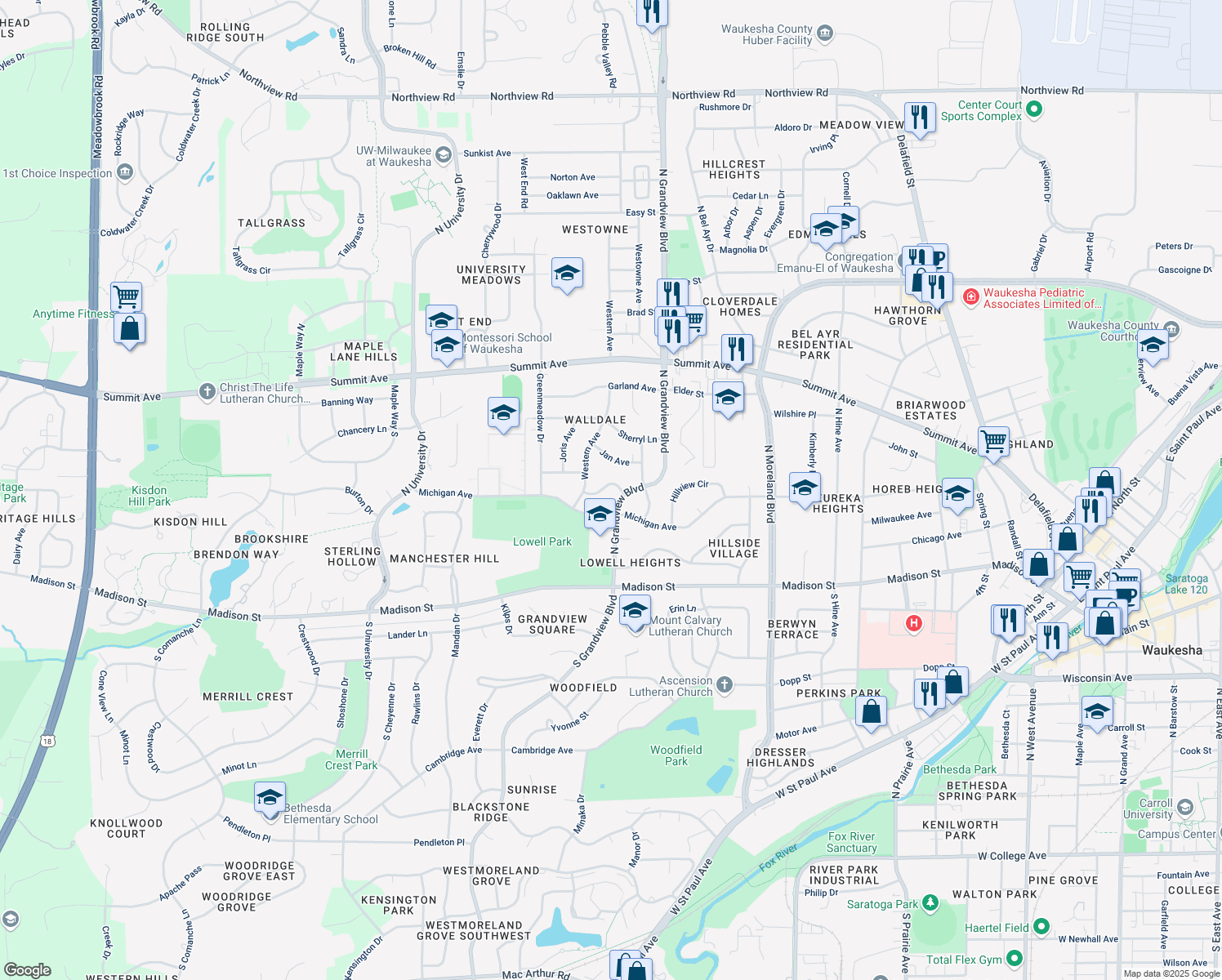 map of restaurants, bars, coffee shops, grocery stores, and more near 1963 Cascade Dr in Waukesha