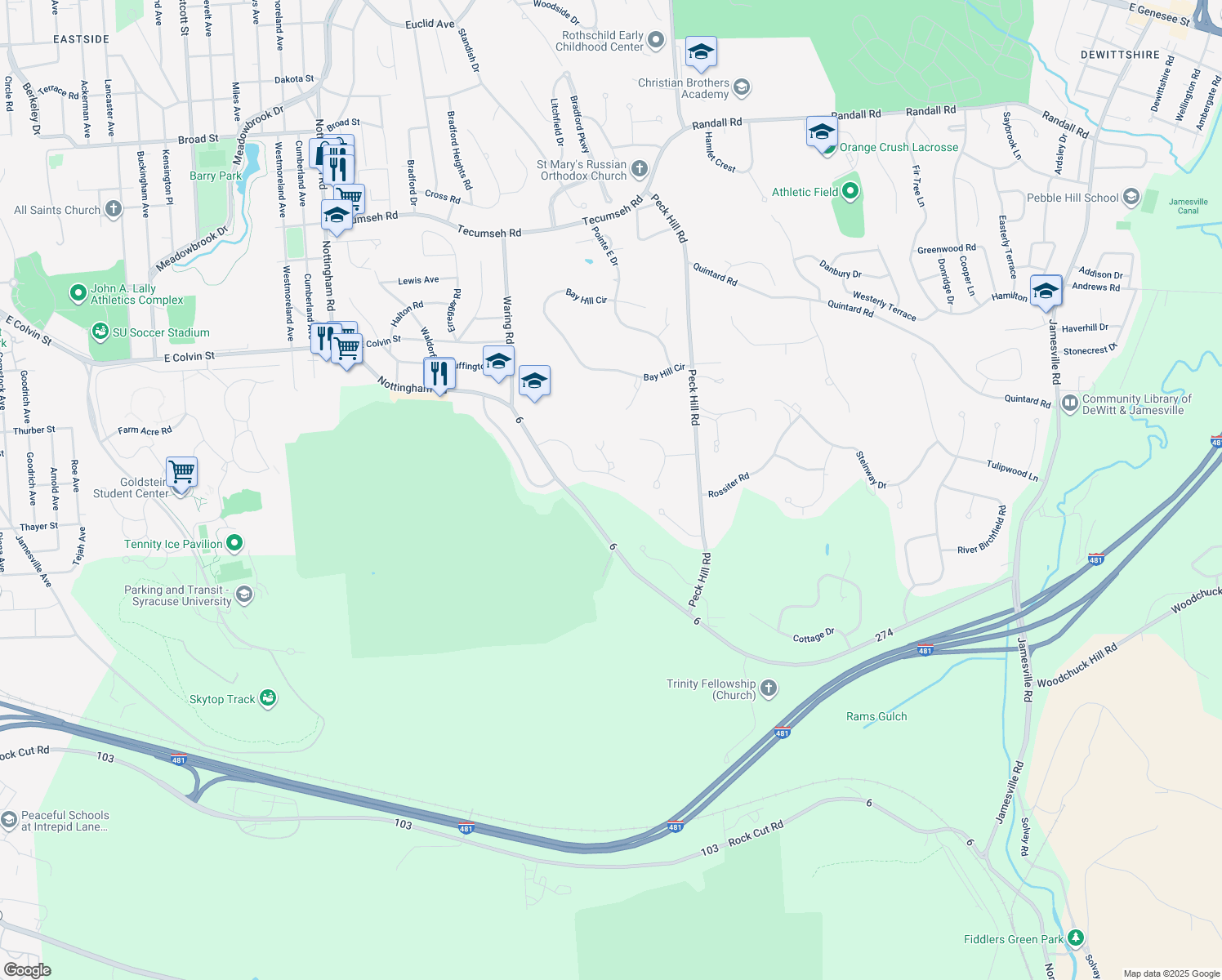 map of restaurants, bars, coffee shops, grocery stores, and more near 6018 Westcliffe Rd in Jamesville