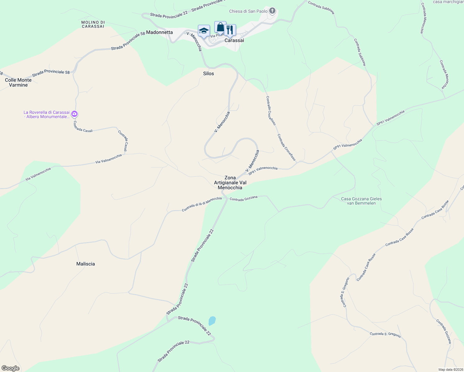map of restaurants, bars, coffee shops, grocery stores, and more near 17 Via Valmenocchia in Zona Artigianale Val Menocchia
