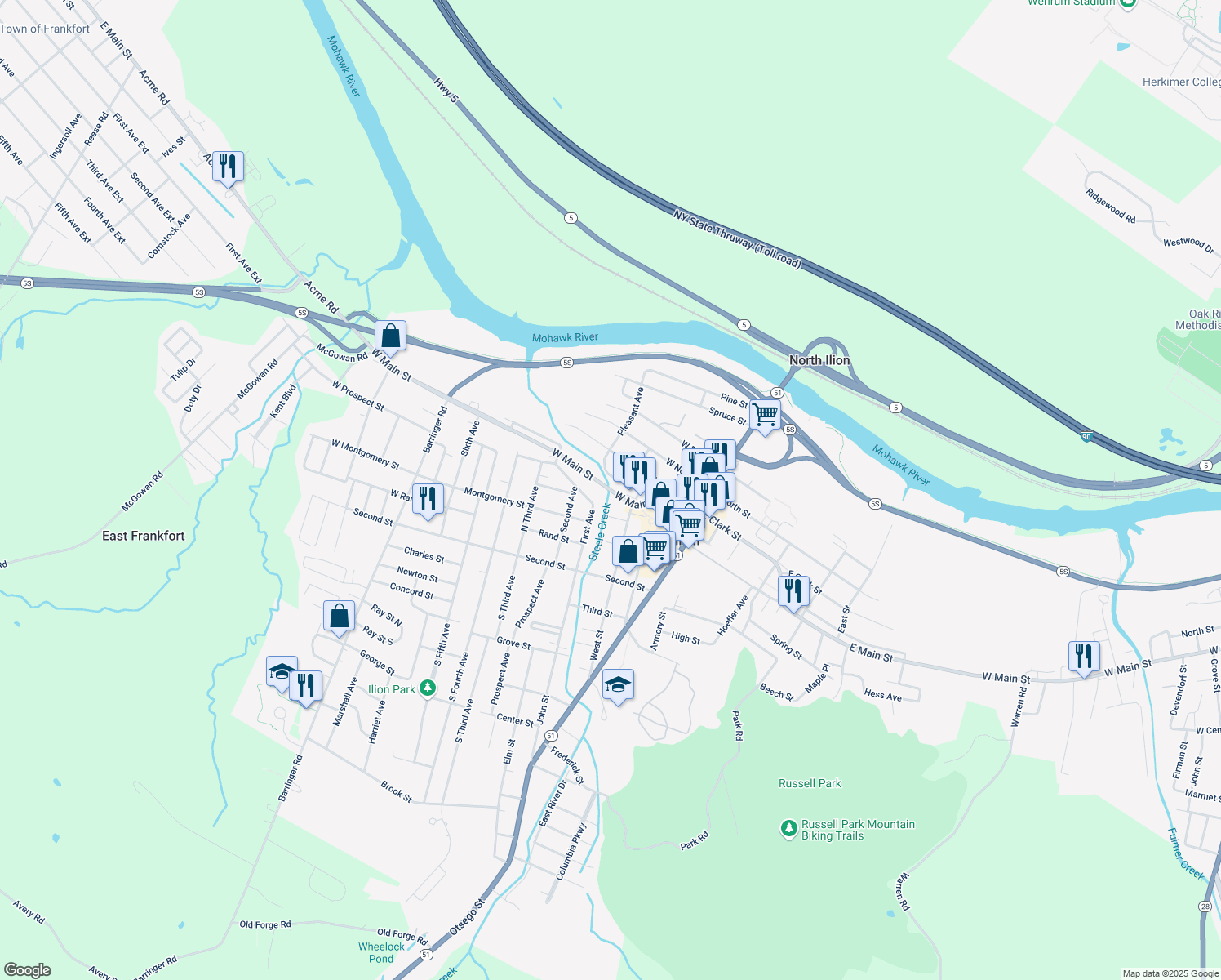 map of restaurants, bars, coffee shops, grocery stores, and more near 128 W Main St in Ilion