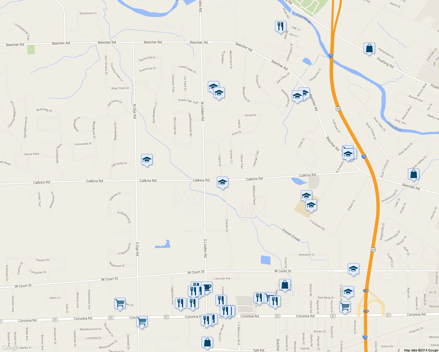 map of restaurants, bars, coffee shops, grocery stores, and more near 1015 Cabot Dr in Flint