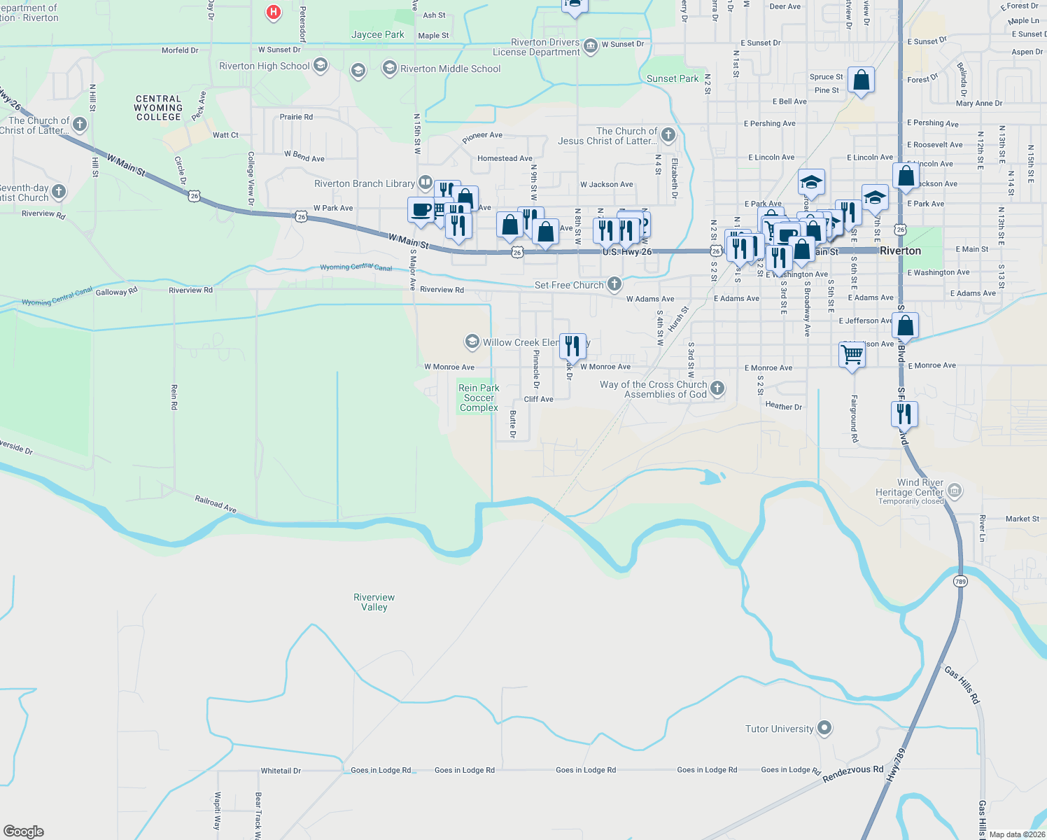 map of restaurants, bars, coffee shops, grocery stores, and more near 810 Tundra Dr in Riverton