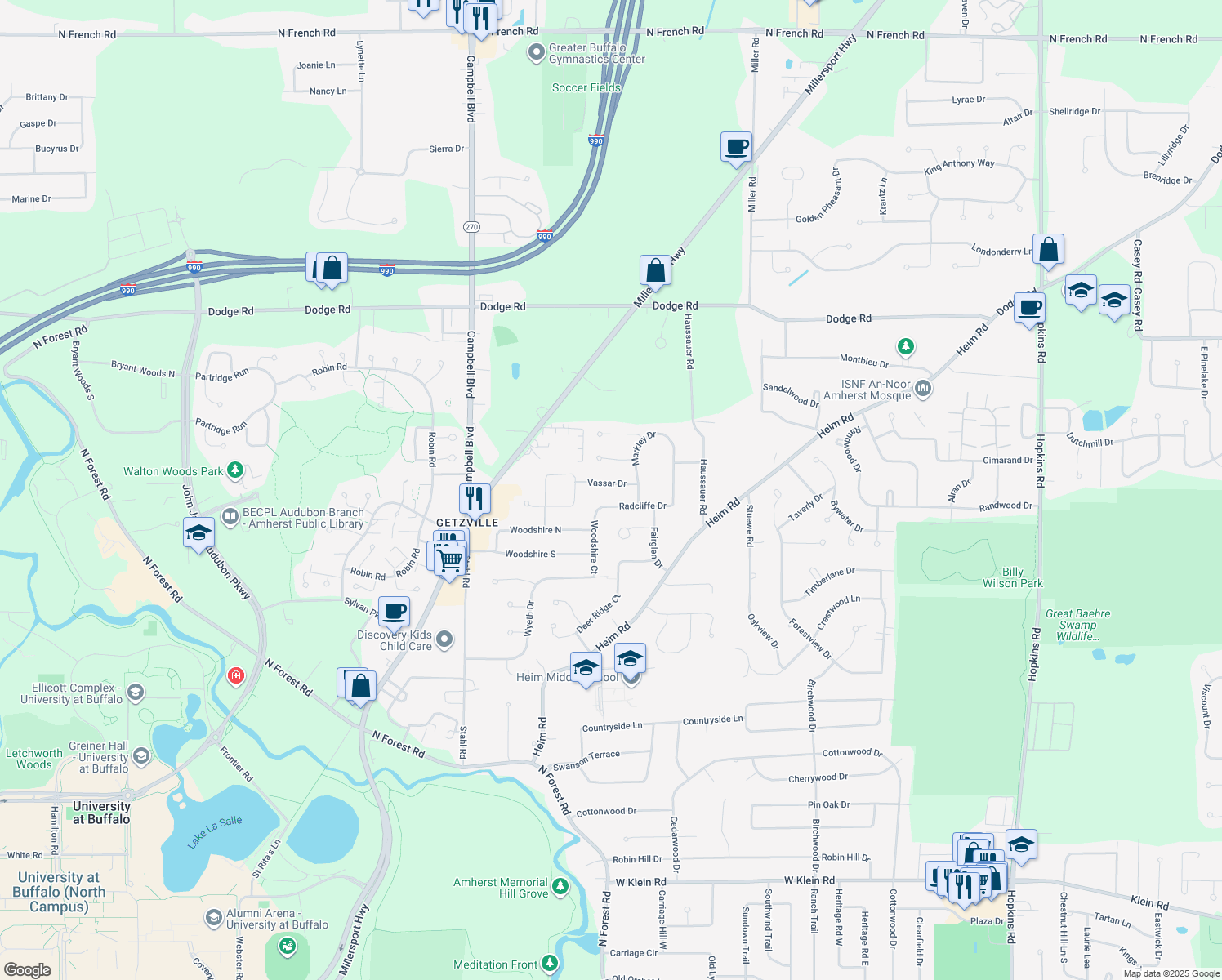 map of restaurants, bars, coffee shops, grocery stores, and more near 33 Vassar Drive in Getzville