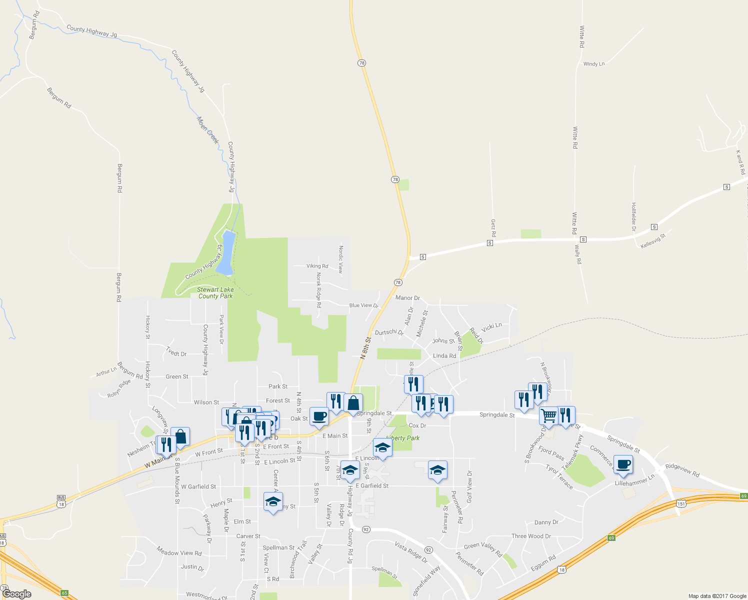 map of restaurants, bars, coffee shops, grocery stores, and more near 200 Blue View Drive in Mount Horeb