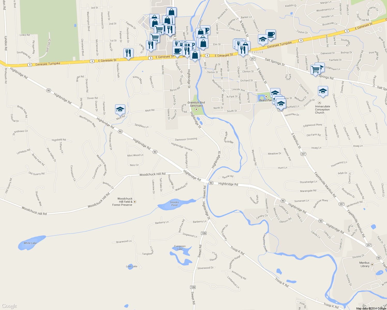 map of restaurants, bars, coffee shops, grocery stores, and more near 7405 Highbridge Terrace in Fayetteville