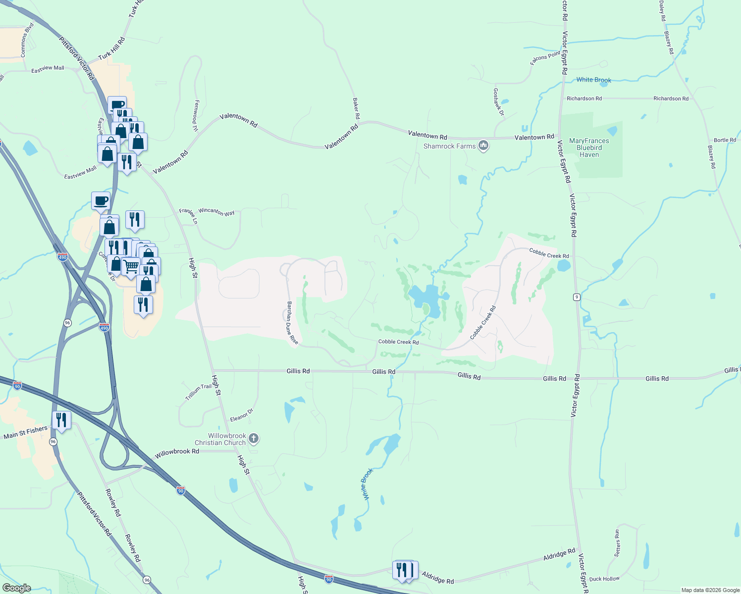 map of restaurants, bars, coffee shops, grocery stores, and more near 32 Cheshire Ridge in Victor