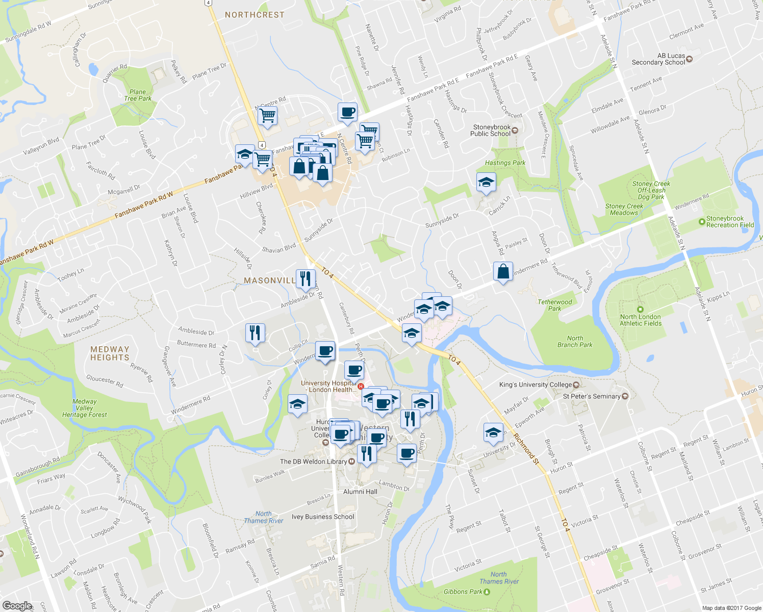 map of restaurants, bars, coffee shops, grocery stores, and more near 1500 Richmond Street in London