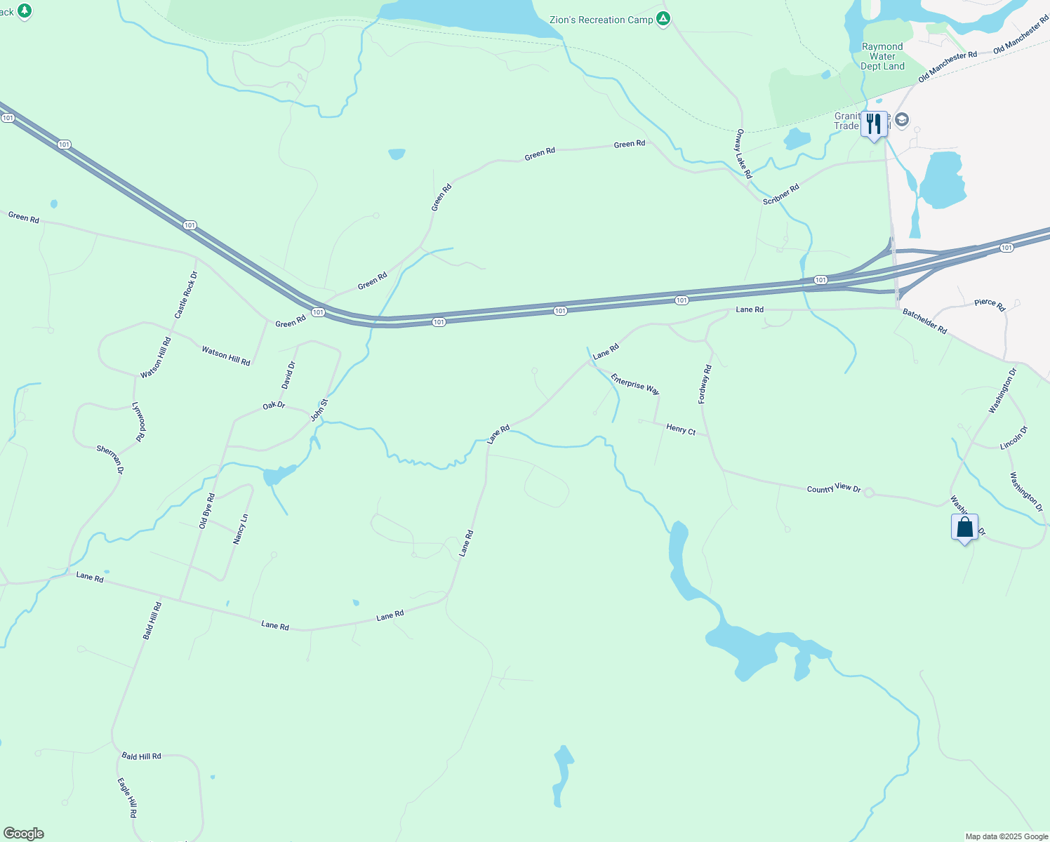 map of restaurants, bars, coffee shops, grocery stores, and more near 44 Lane Road in Raymond