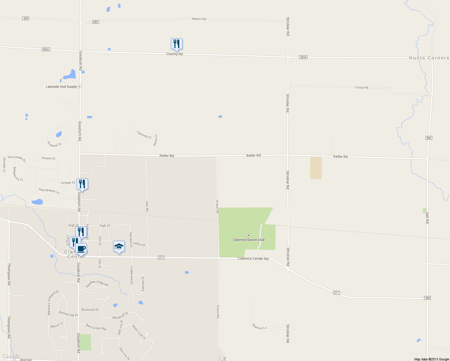 map of restaurants, bars, coffee shops, grocery stores, and more near 6285 Kraus Rd in Clarence Center
