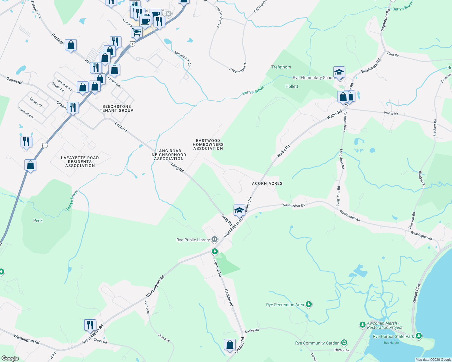 map of restaurants, bars, coffee shops, grocery stores, and more near 76 Tehias Road in Rye