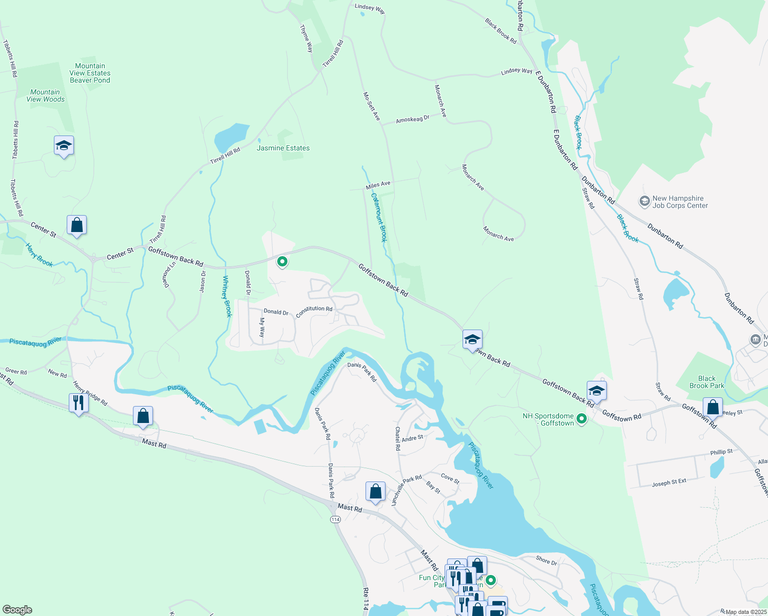 map of restaurants, bars, coffee shops, grocery stores, and more near 182 Goffstown Back Road in Goffstown