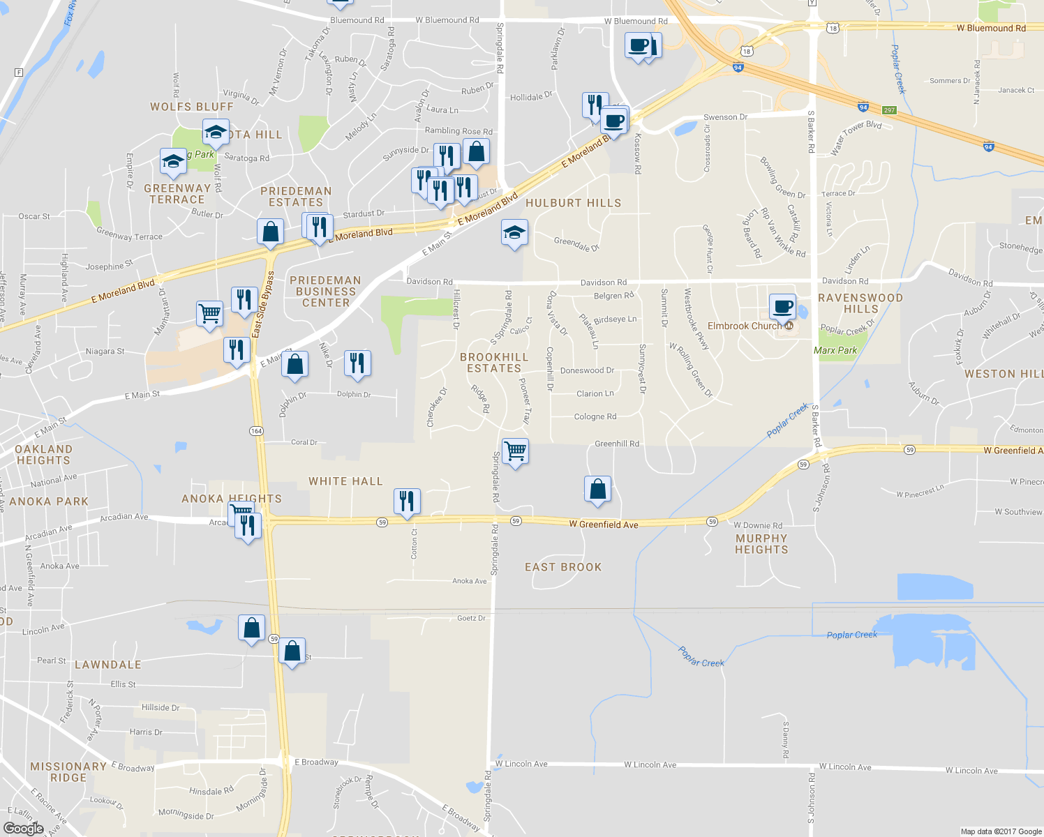 map of restaurants, bars, coffee shops, grocery stores, and more near 1275 Pioneer Trail in Waukesha