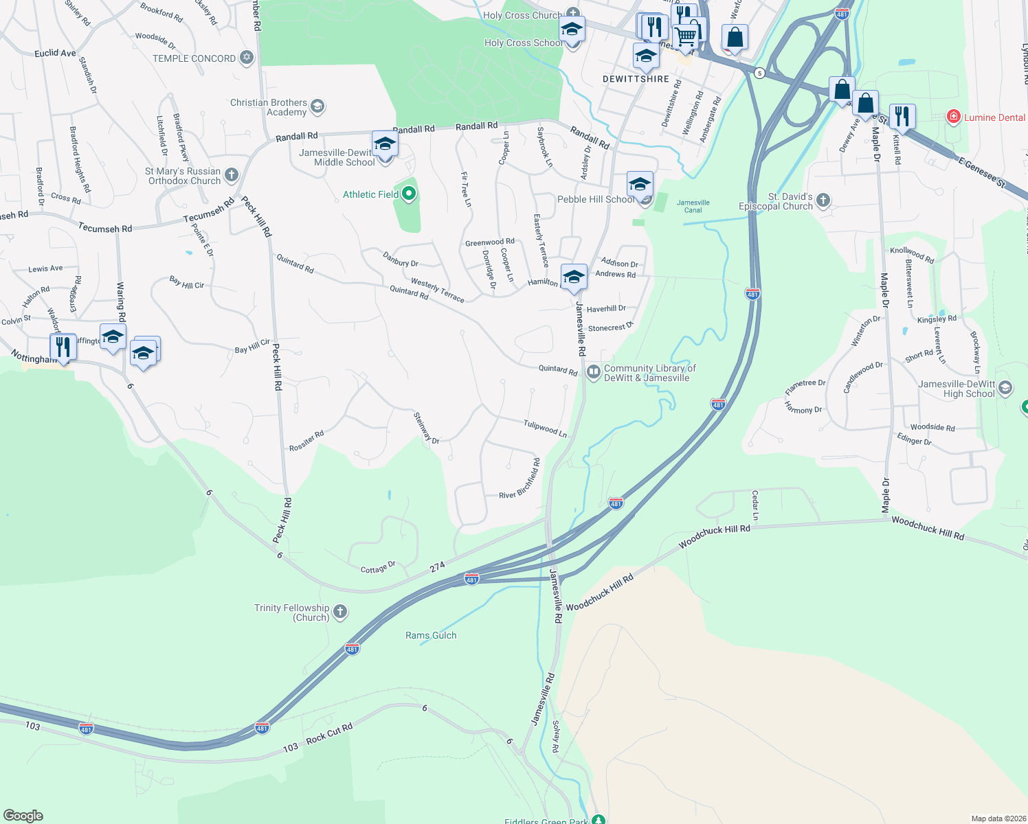 map of restaurants, bars, coffee shops, grocery stores, and more near 6416 Tulipwood Ln in Jamesville