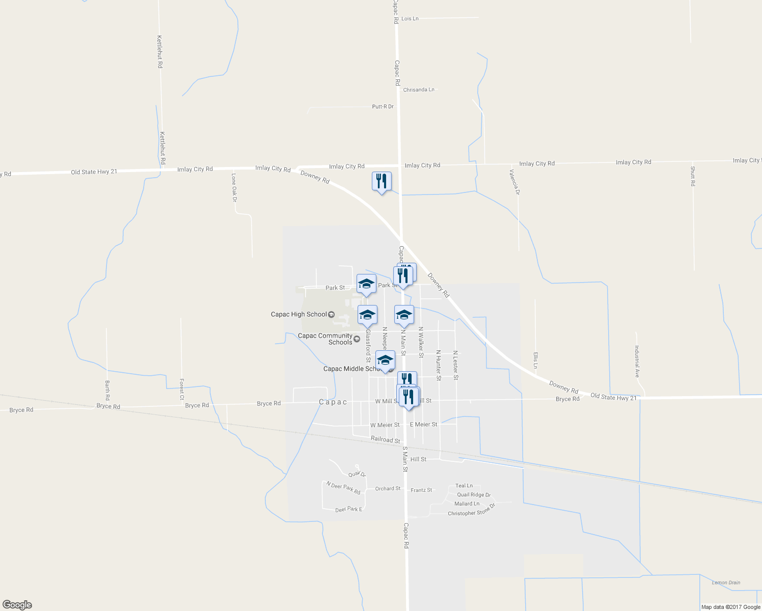 map of restaurants, bars, coffee shops, grocery stores, and more near 535 North Neeper Street in Capac