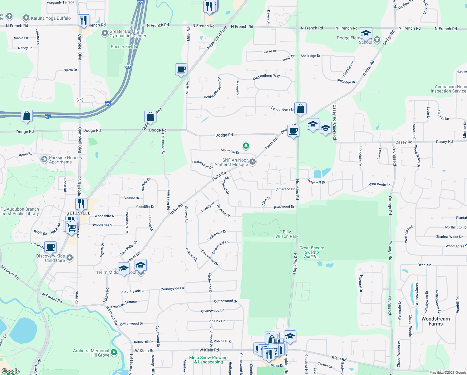 map of restaurants, bars, coffee shops, grocery stores, and more near 51 Southwedge Dr in Getzville