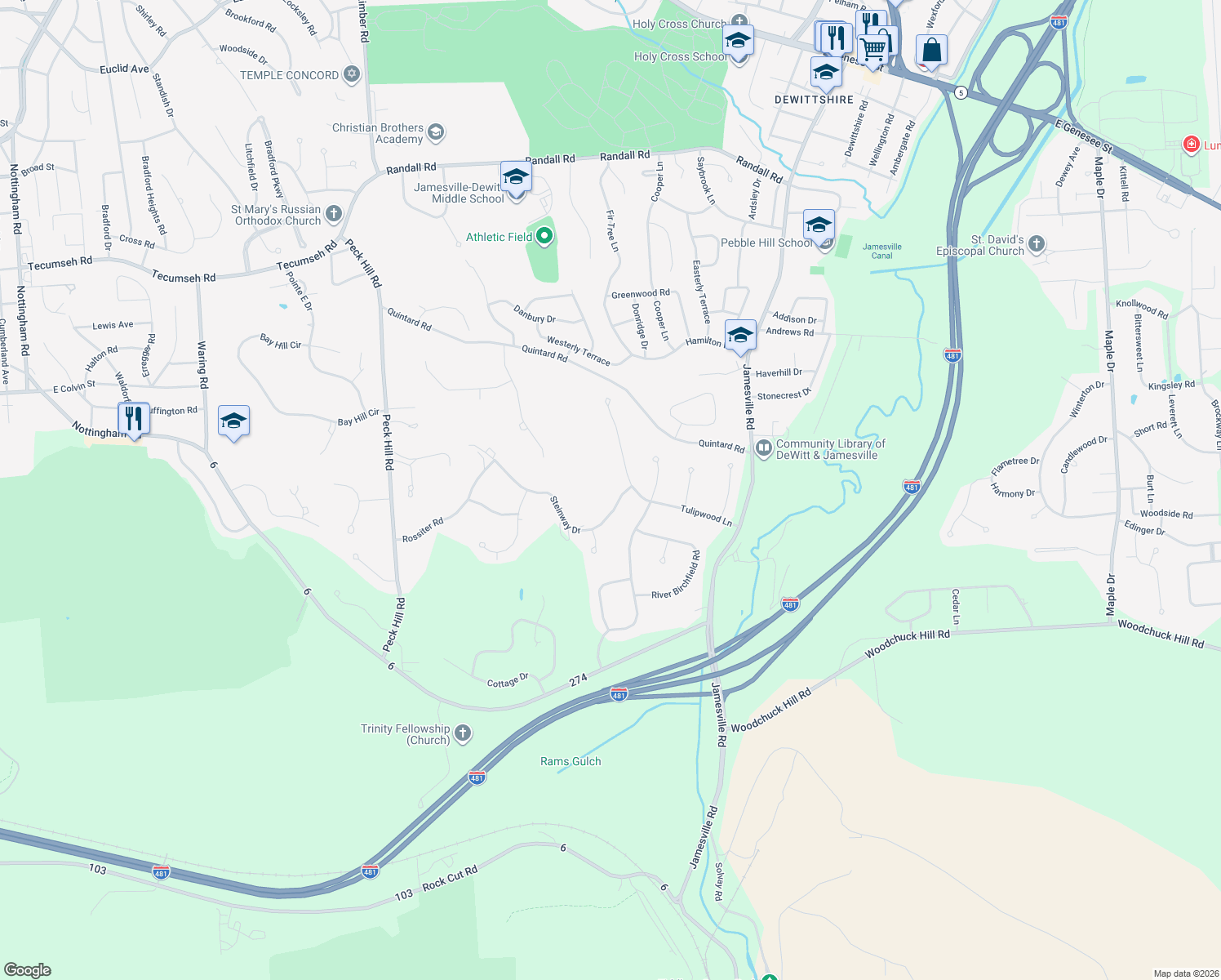 map of restaurants, bars, coffee shops, grocery stores, and more near 6247 Steinway Dr in Jamesville