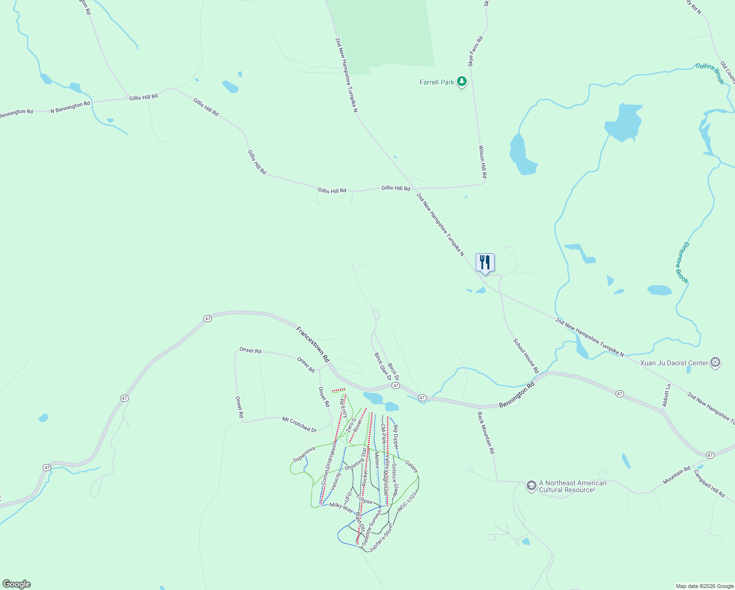 map of restaurants, bars, coffee shops, grocery stores, and more near Birch Glen Drive in Bennington
