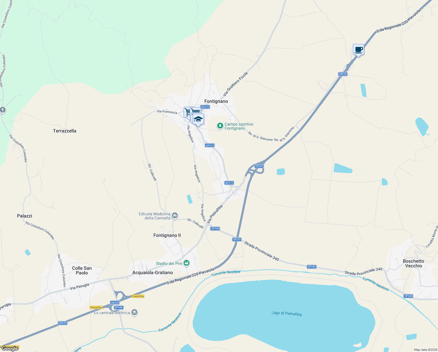 map of restaurants, bars, coffee shops, grocery stores, and more near Via Fonte Luna in Fontignano