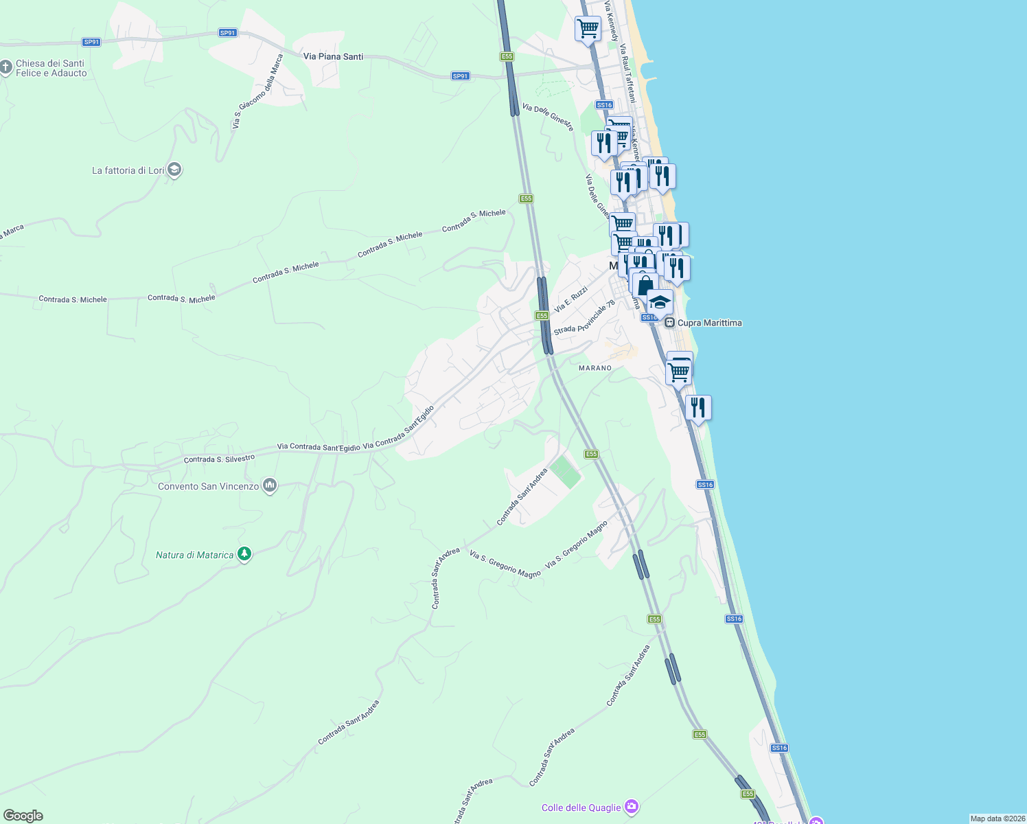 map of restaurants, bars, coffee shops, grocery stores, and more near 26 Via Marche in Cupra Marittima