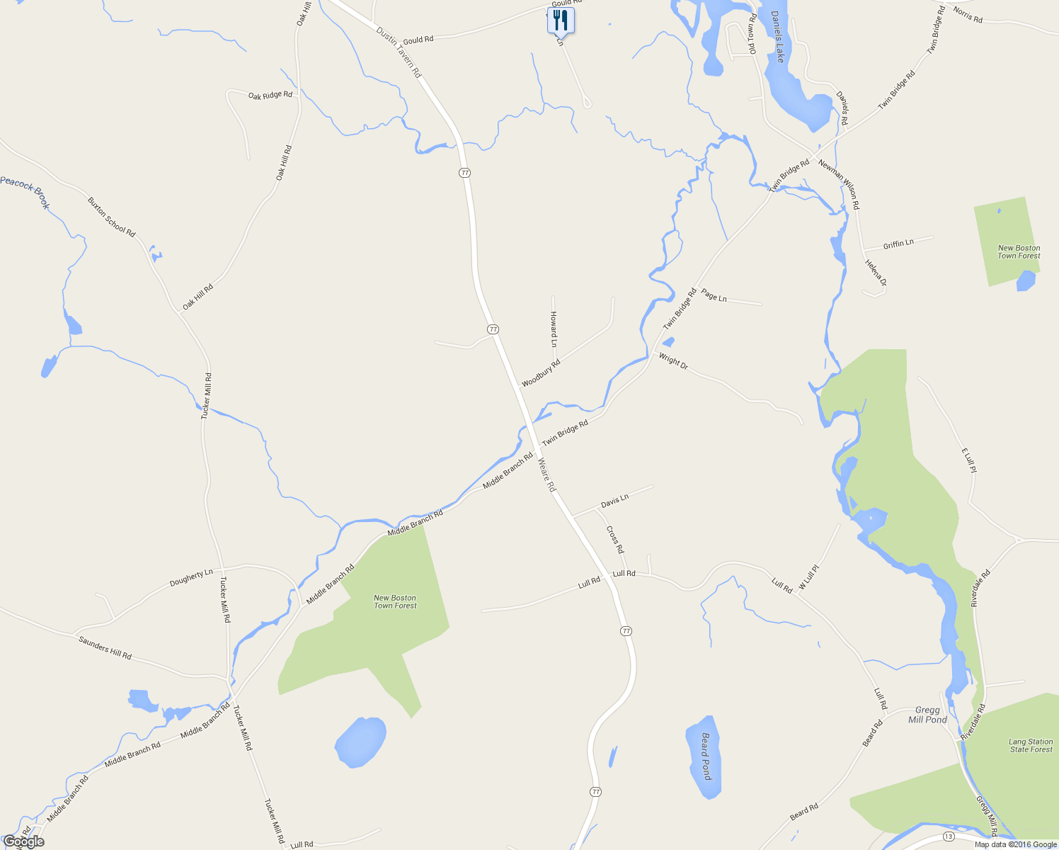 map of restaurants, bars, coffee shops, grocery stores, and more near 461 Weare Road in New Boston