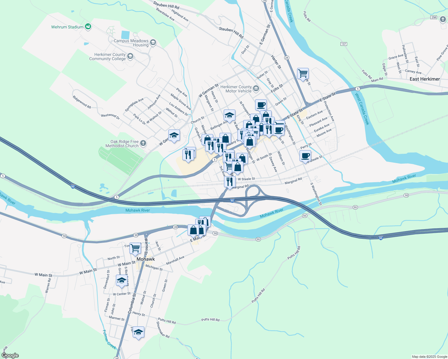 map of restaurants, bars, coffee shops, grocery stores, and more near 209 Third Avenue in Herkimer