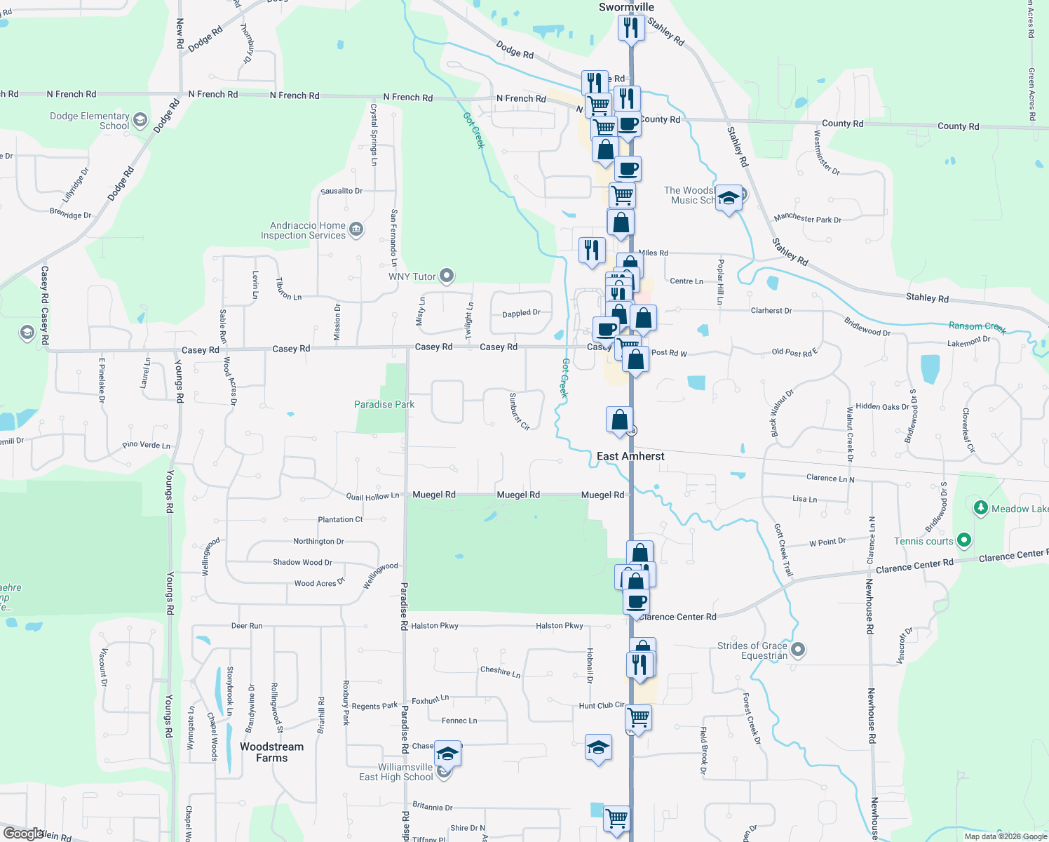 map of restaurants, bars, coffee shops, grocery stores, and more near 153 Sunburst Cir in East Amherst
