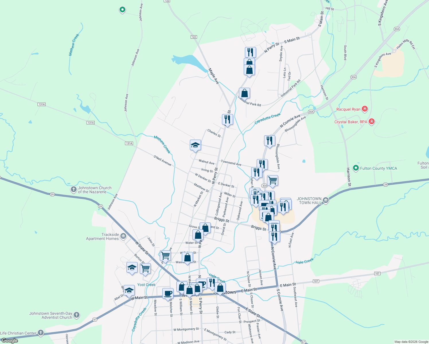 map of restaurants, bars, coffee shops, grocery stores, and more near 1 Irving Street in Johnstown