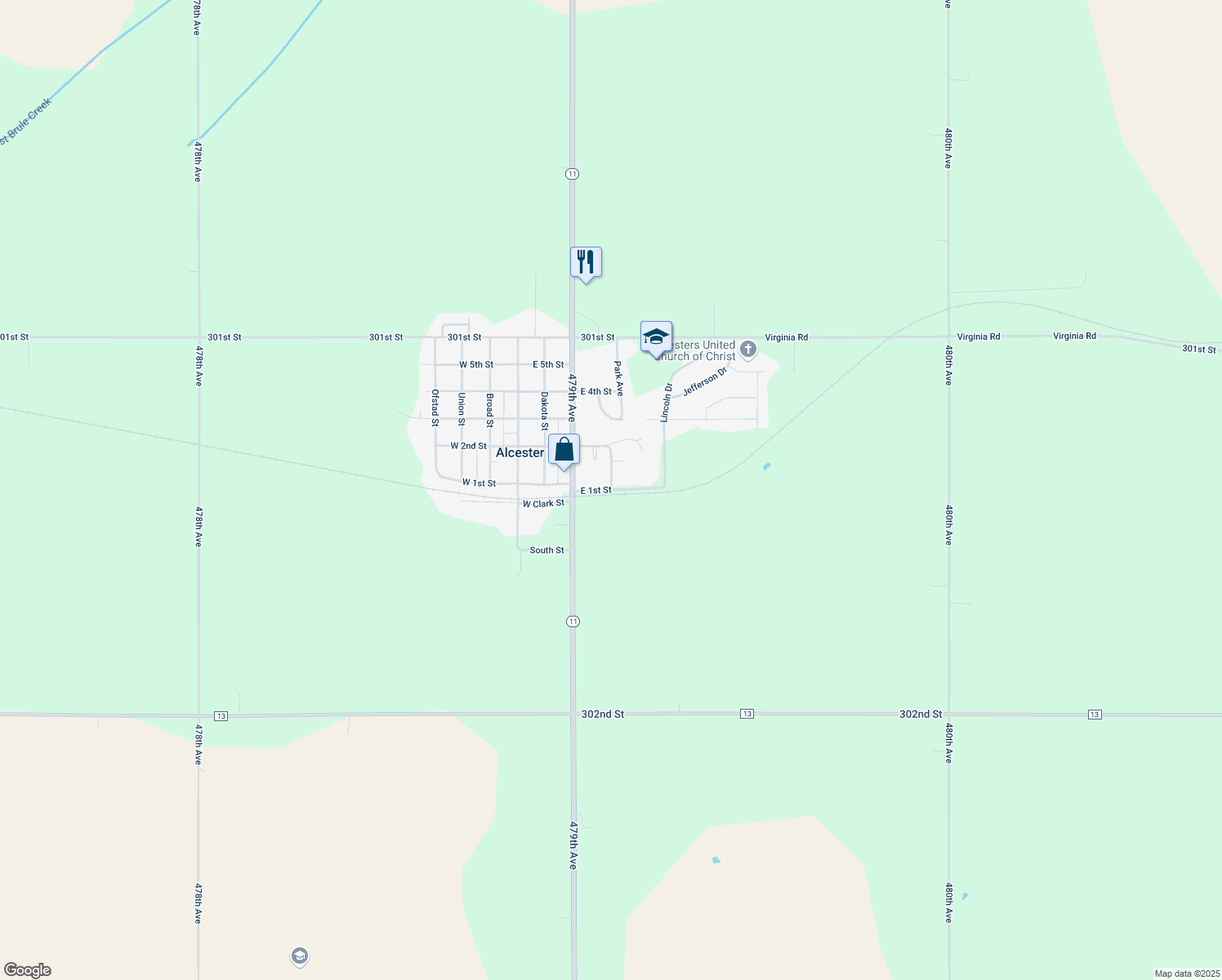 map of restaurants, bars, coffee shops, grocery stores, and more near 398 E 1st St in Alcester