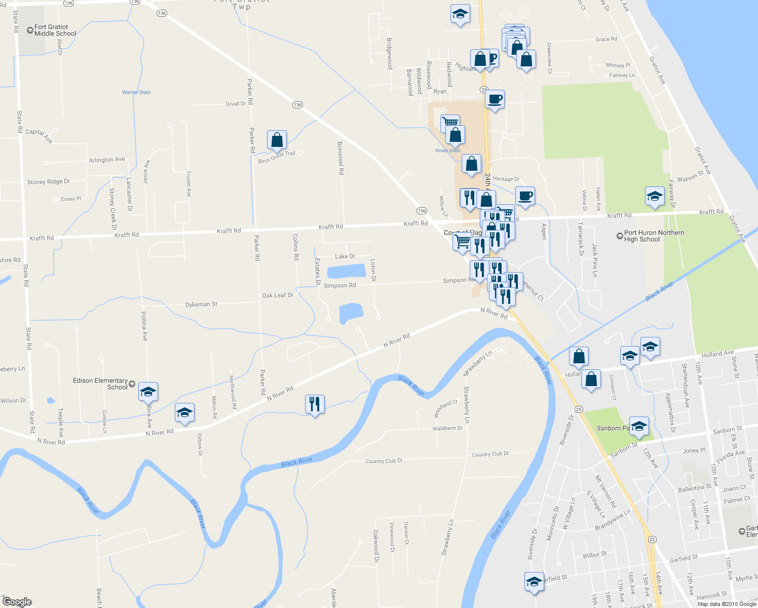 map of restaurants, bars, coffee shops, grocery stores, and more near 3750 Loton Dr in Fort Gratiot Township