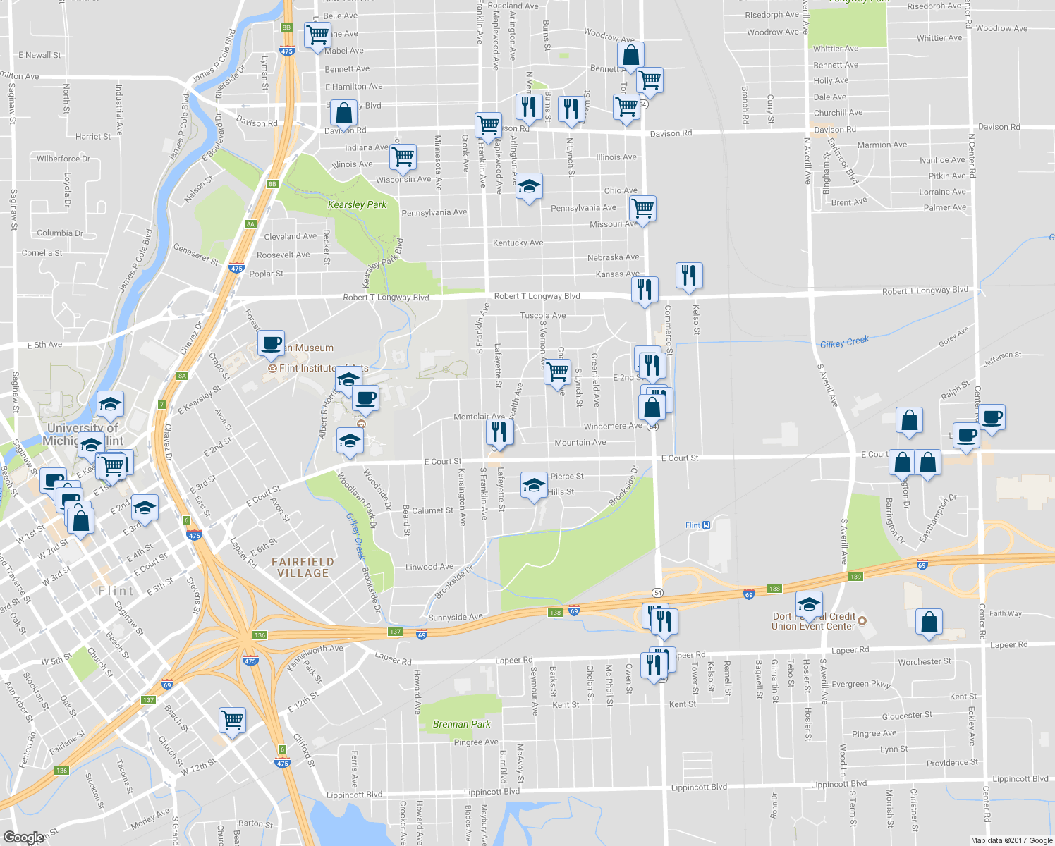 map of restaurants, bars, coffee shops, grocery stores, and more near 2109 Windemere Avenue in Flint
