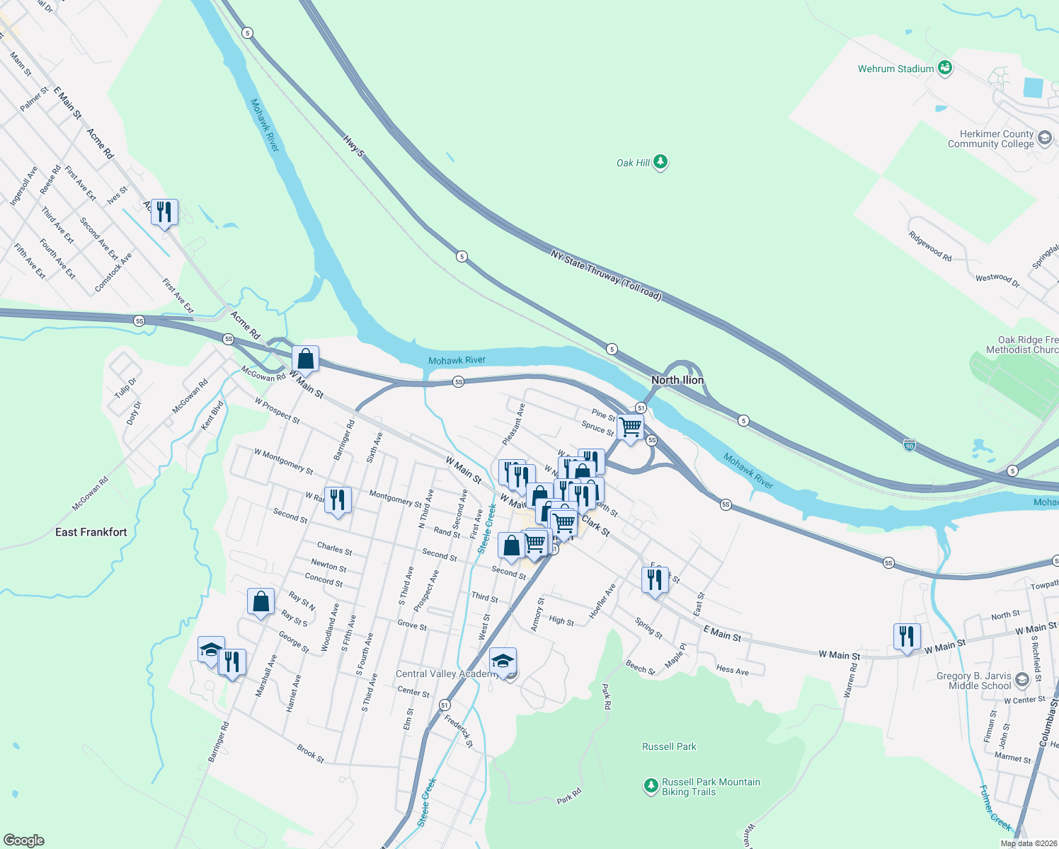 map of restaurants, bars, coffee shops, grocery stores, and more near 106 W River St in Ilion