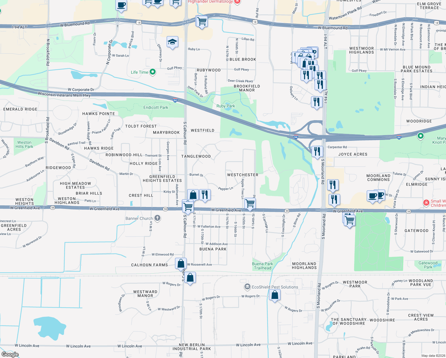 map of restaurants, bars, coffee shops, grocery stores, and more near 1105 Forest Lane in Brookfield